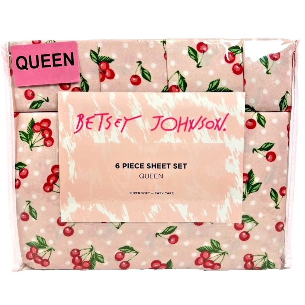 Betsey Johnson Queen 6 Piece Sheet Set Cherry Polka Dot Pink Bedding